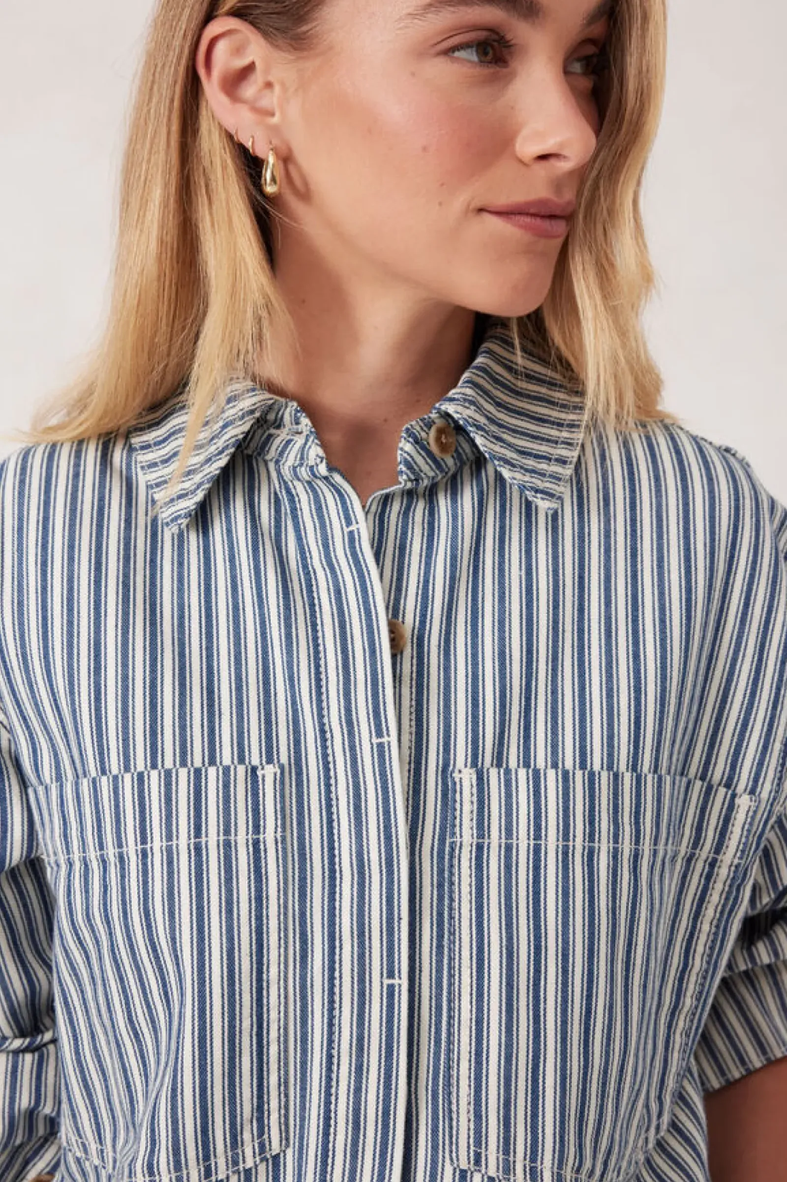 Ceres Life Curved Hem Shacket - Lagoon Blue Stripe Best