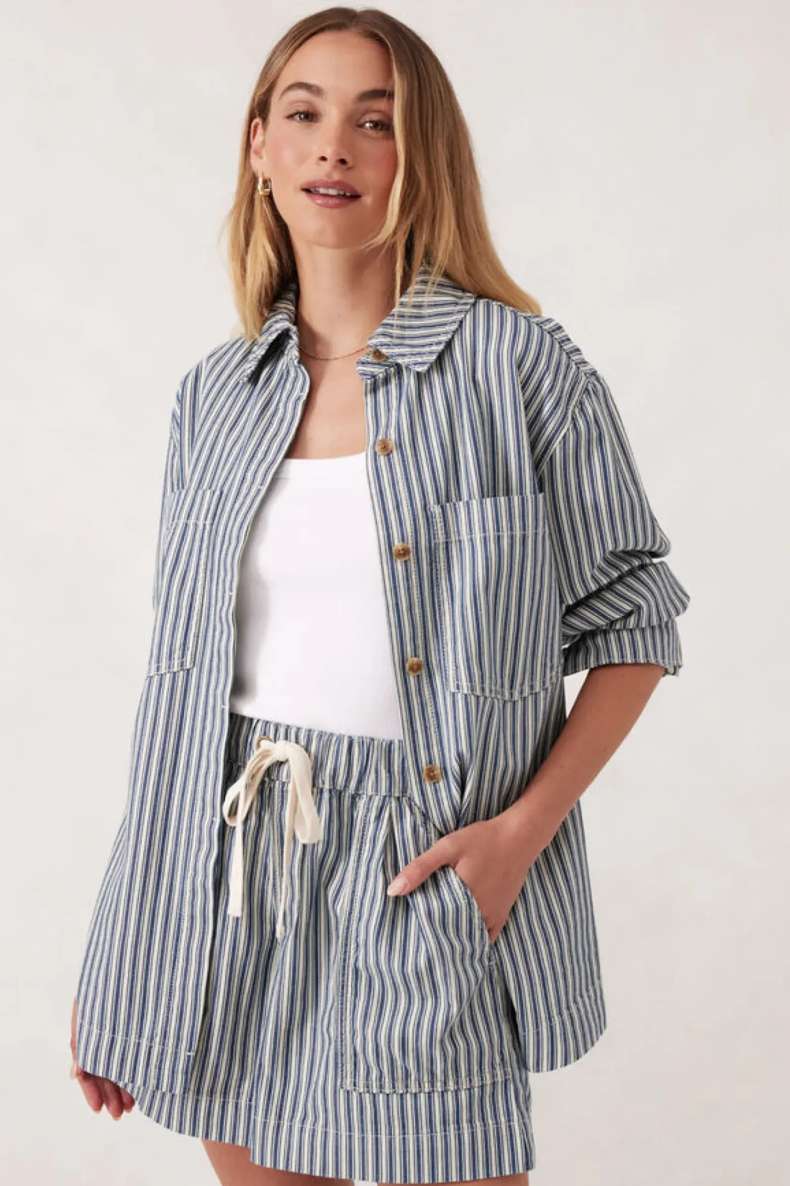 Ceres Life Curved Hem Shacket - Lagoon Blue Stripe Best
