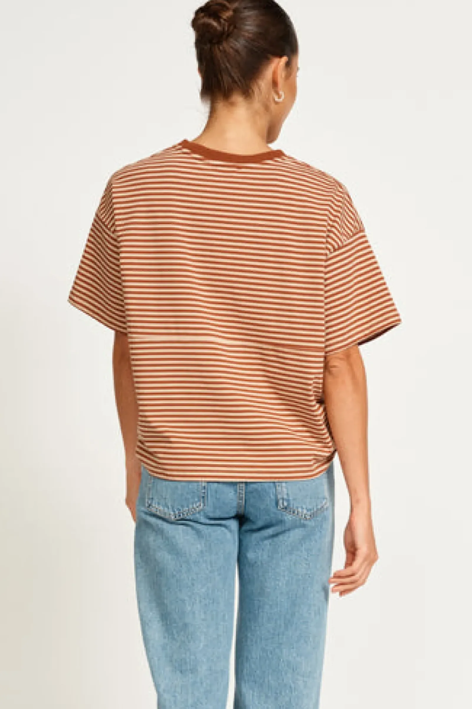 Apero Vintage Drop Shoulder Cropped Tee - Brown/Tan Stripe Outlet