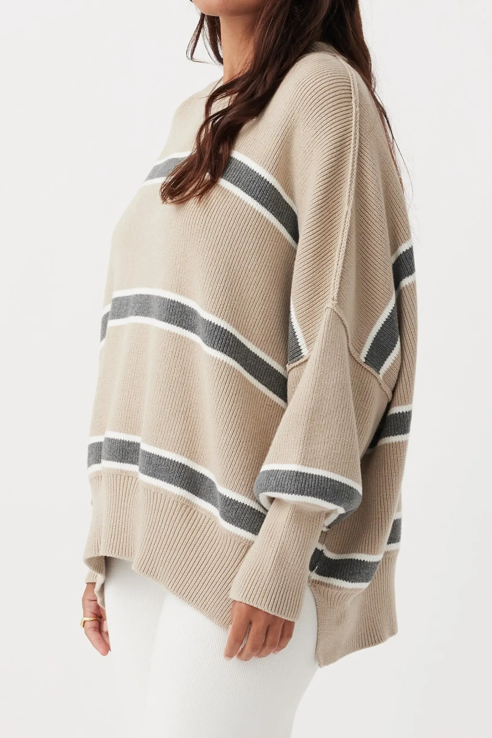 ARCAA Harper Stripe Sweater - Taupe, Cream & Dark Grey Marle Clearance