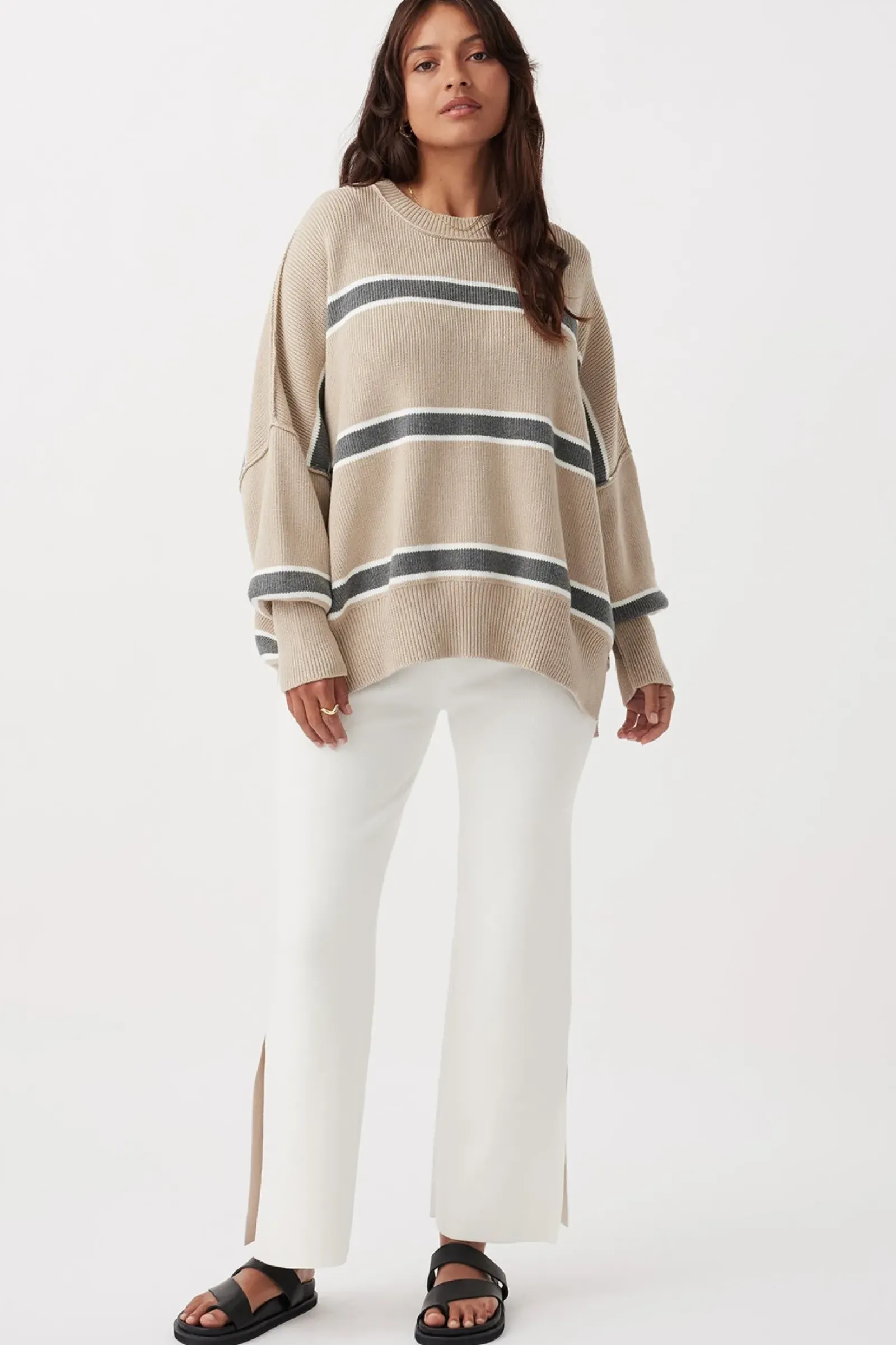 ARCAA Harper Stripe Sweater - Taupe, Cream & Dark Grey Marle Clearance