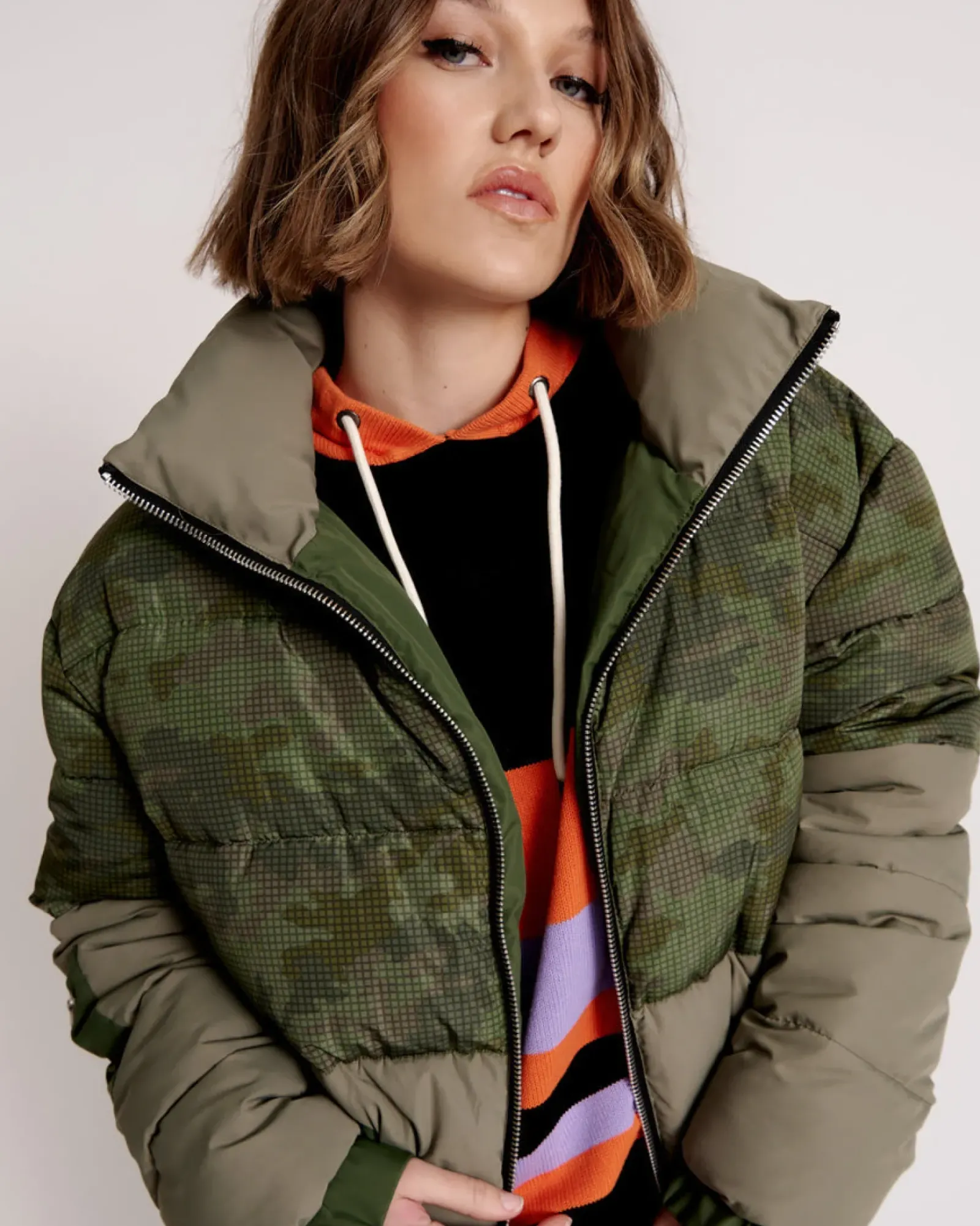 One Teaspoon Dirtee Love Camo Puffa Jacket - Khaki Outlet