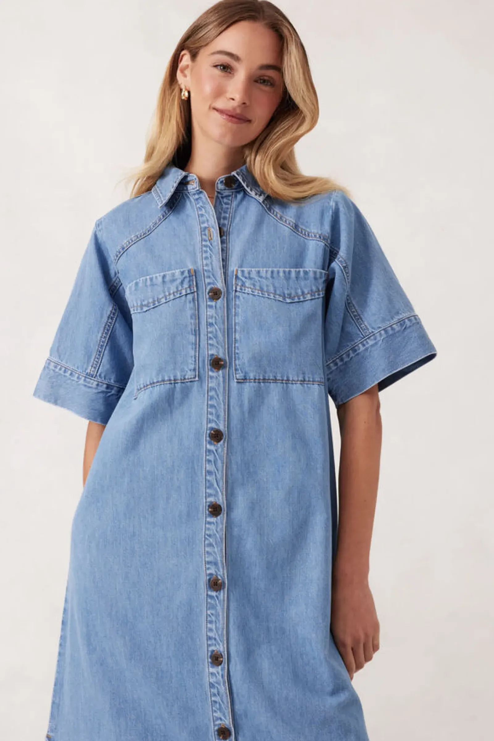 Ceres Life Short Sleeve Yoke Detail Midi Dress - Vintage Blue Online