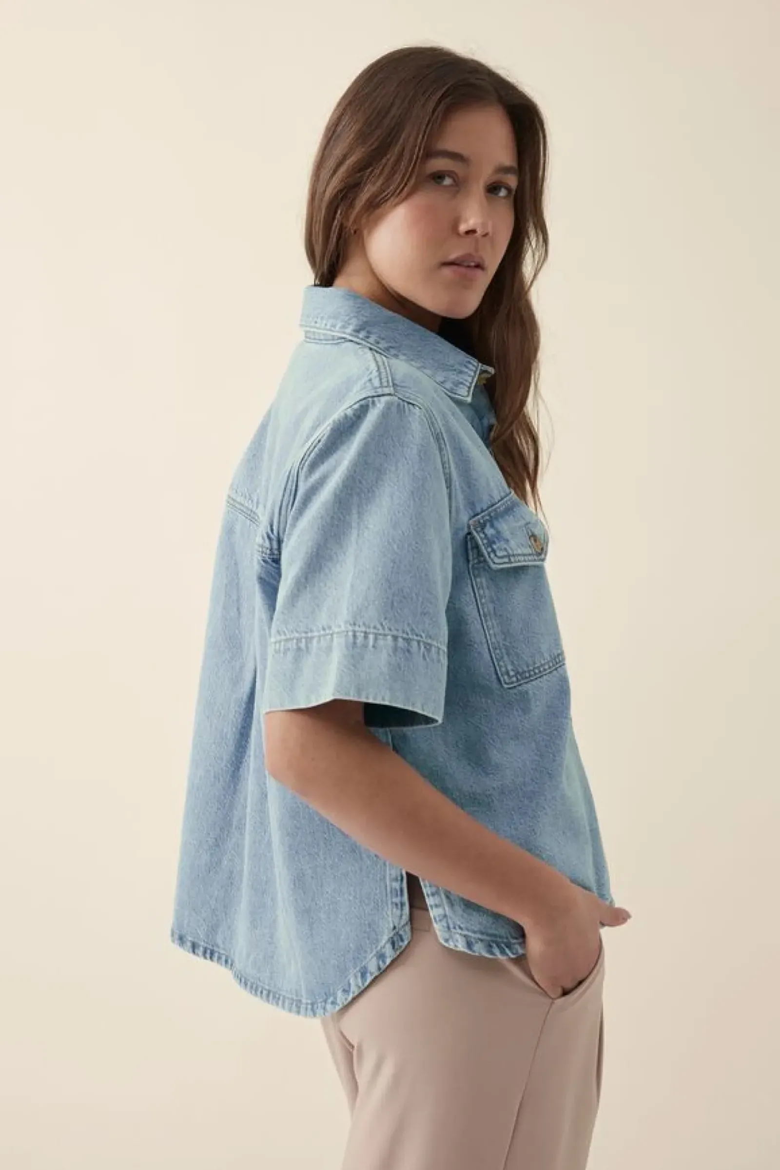Ceres Life Short Sleeve Boxy Shirt - Vintage Blue Denim Outlet