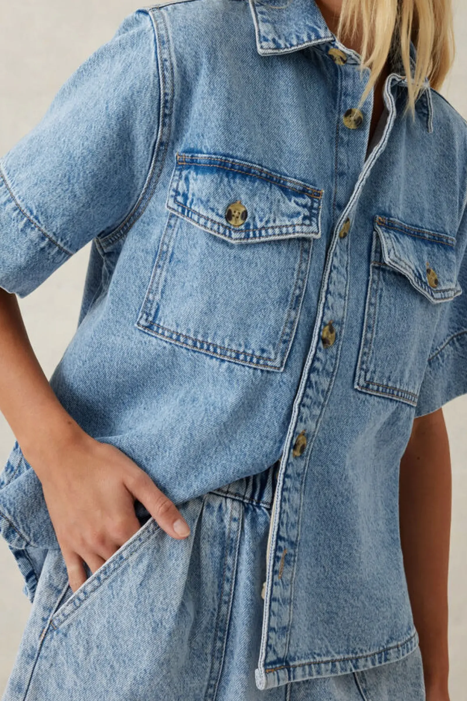 Ceres Life Short Sleeve Boxy Shirt - Vintage Blue Denim Outlet