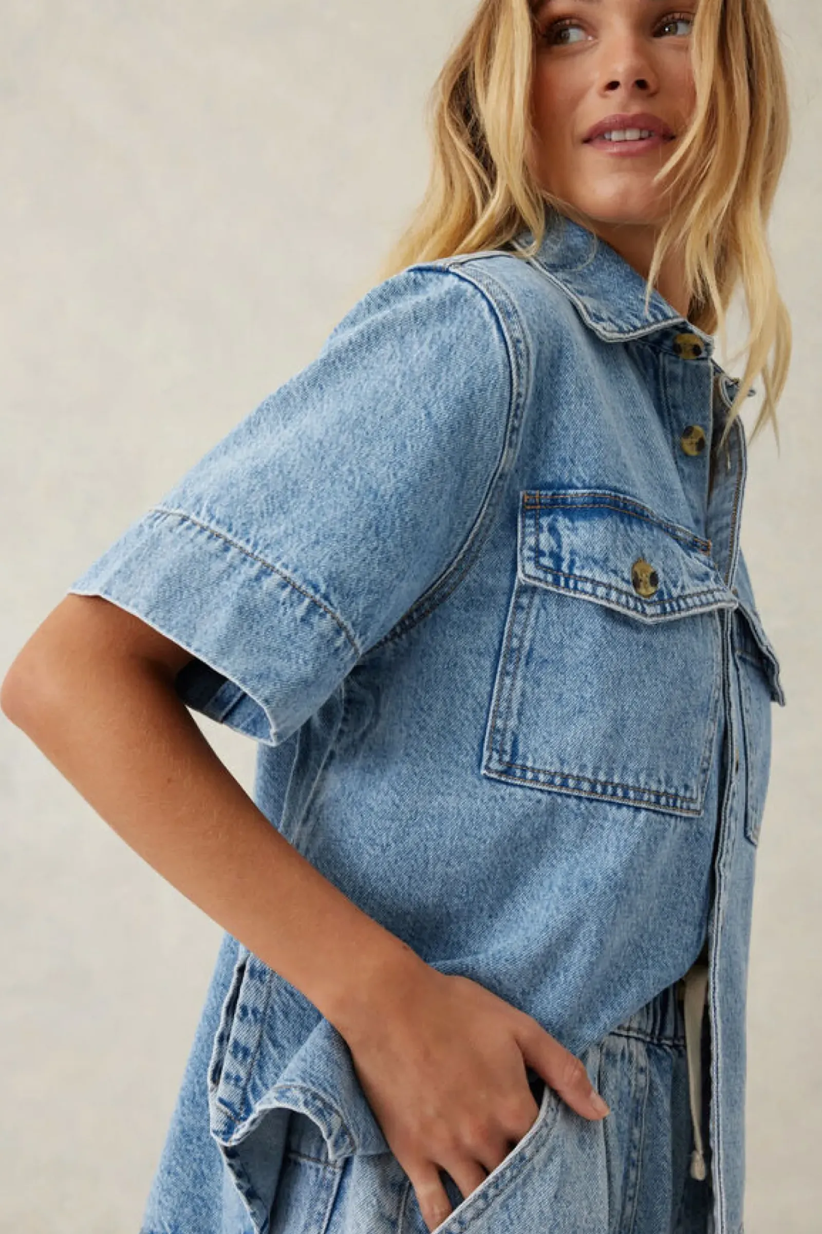 Ceres Life Short Sleeve Boxy Shirt - Vintage Blue Denim Outlet