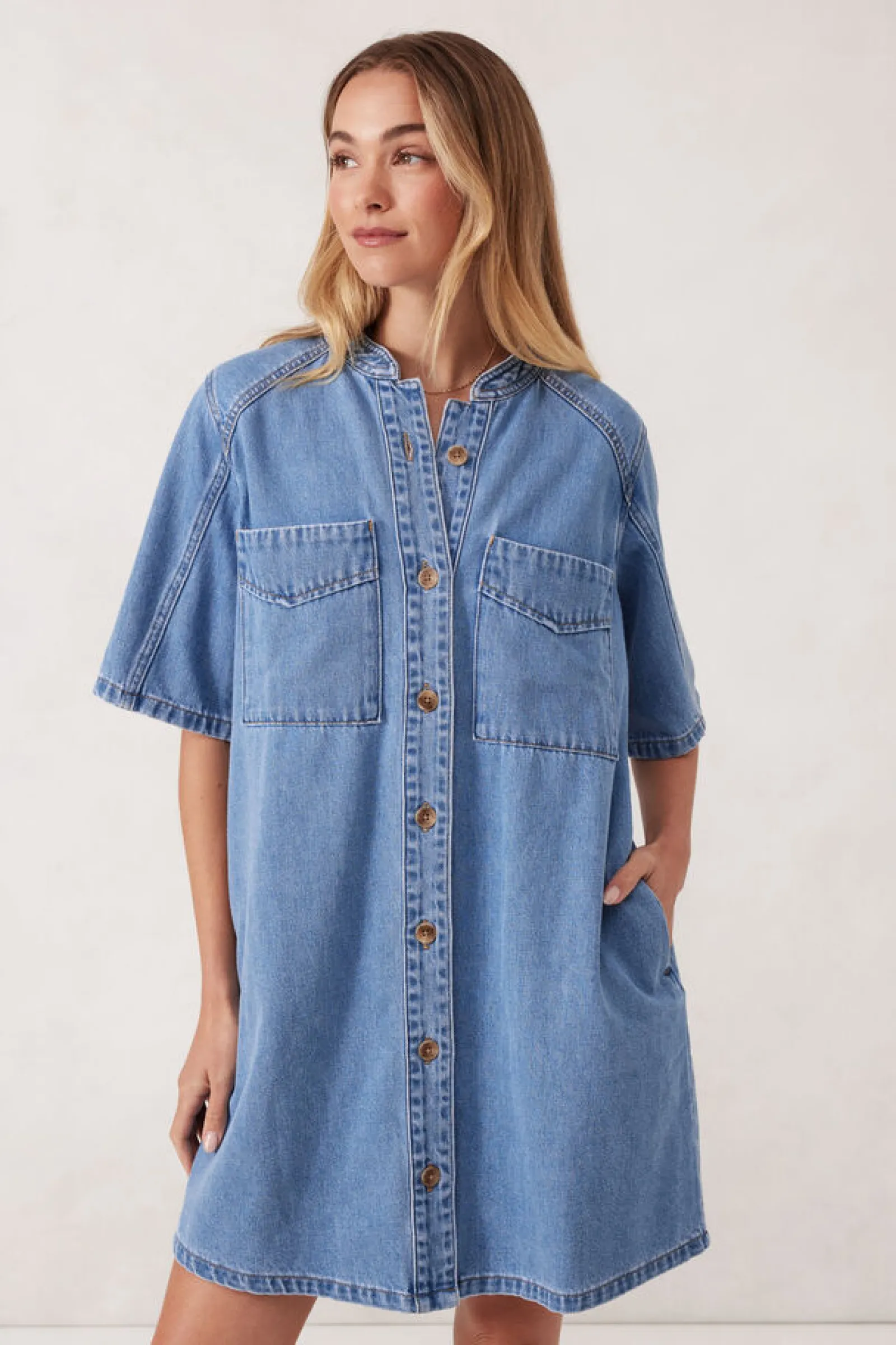Ceres Life Collarless Relaxed Short Sleeve Denim Dress - Vintage Blue Fashion