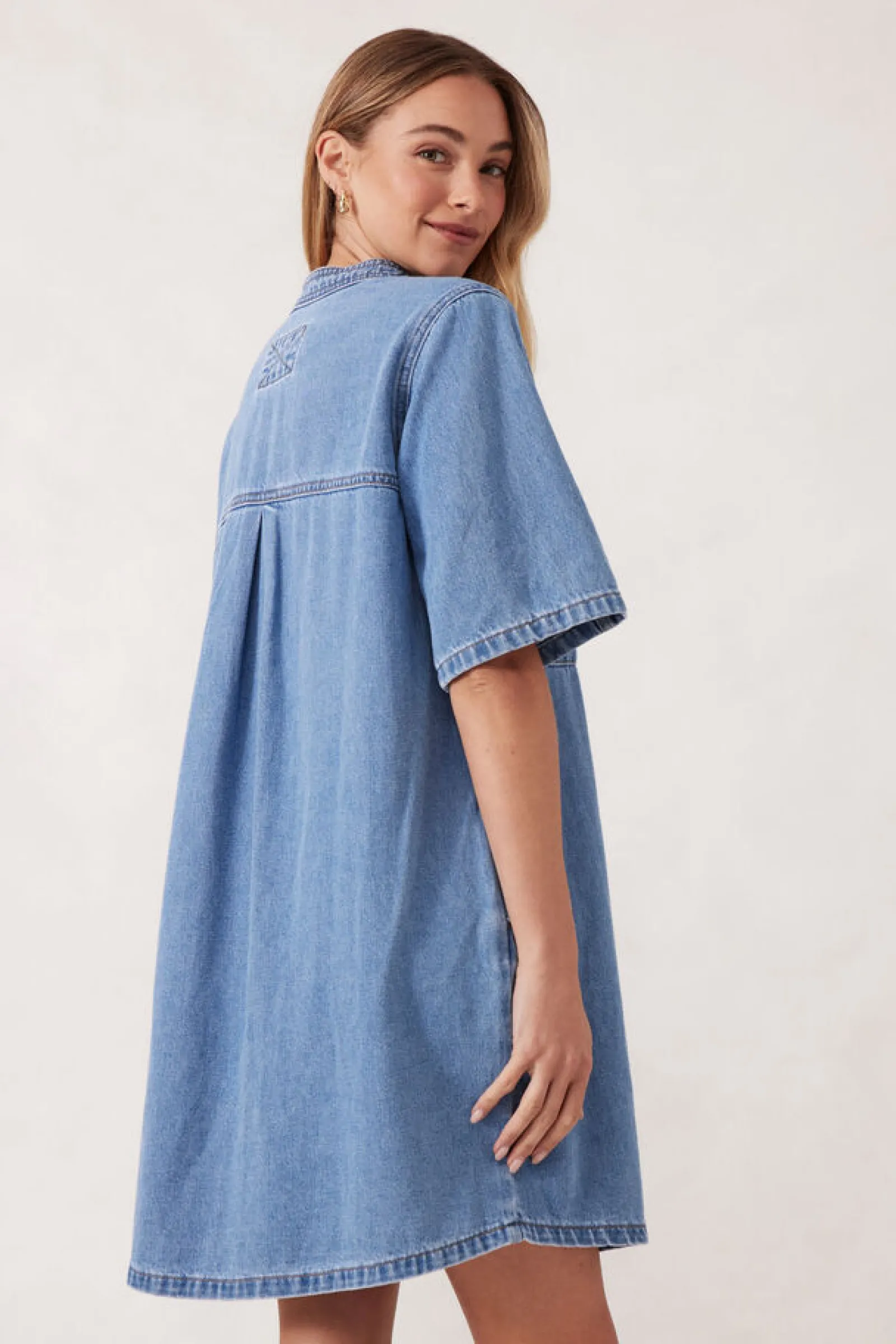 Ceres Life Collarless Relaxed Short Sleeve Denim Dress - Vintage Blue Fashion