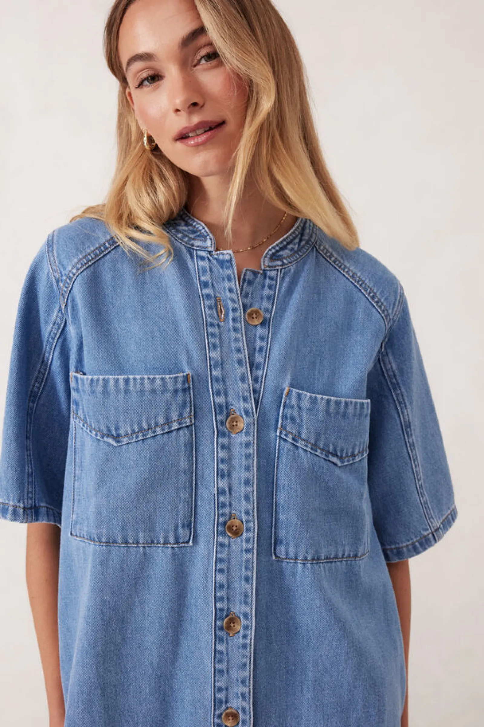 Ceres Life Collarless Relaxed Short Sleeve Denim Dress - Vintage Blue Fashion