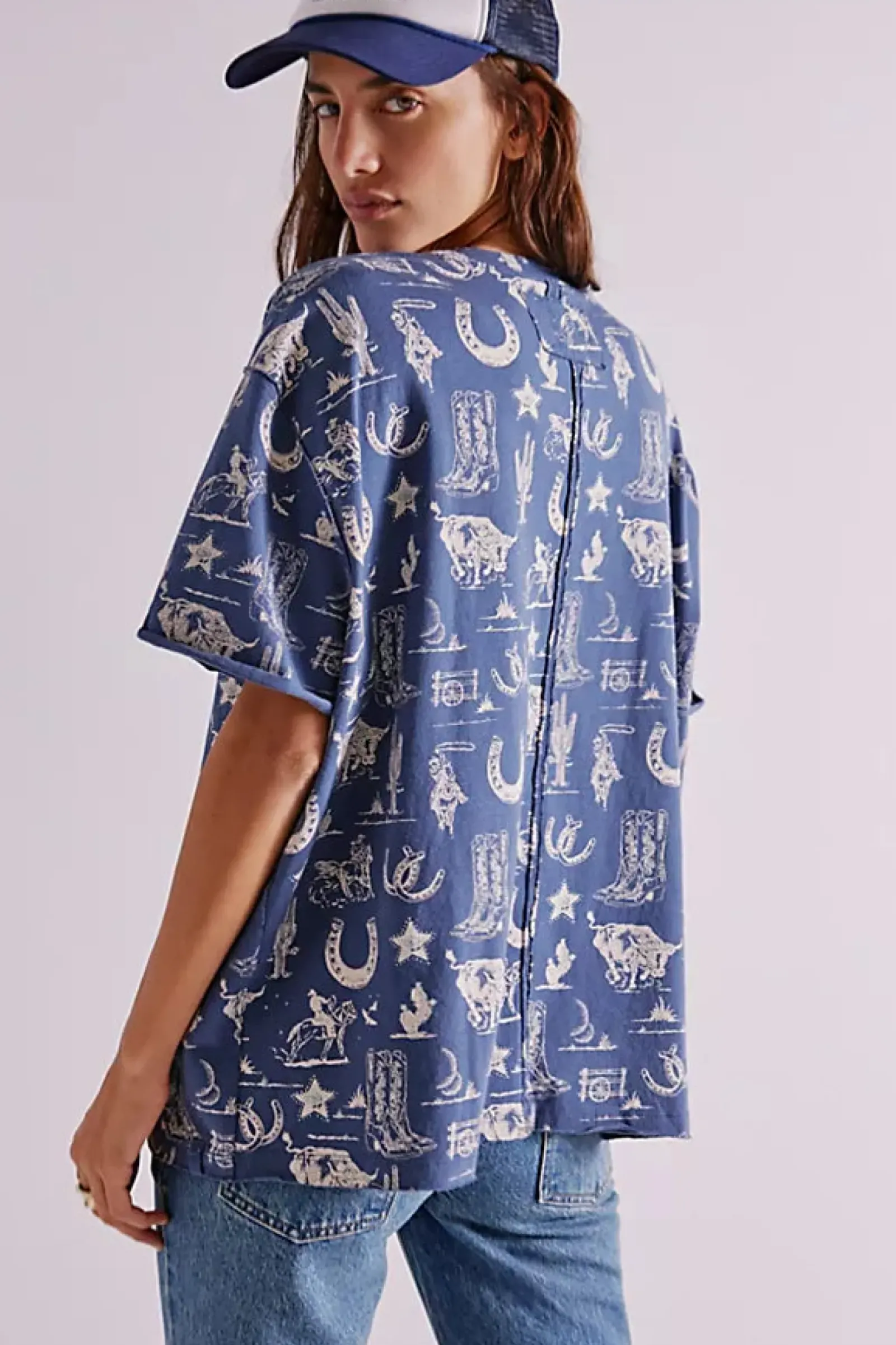 Free People Painted Floral Tee - Navy Combo Discount