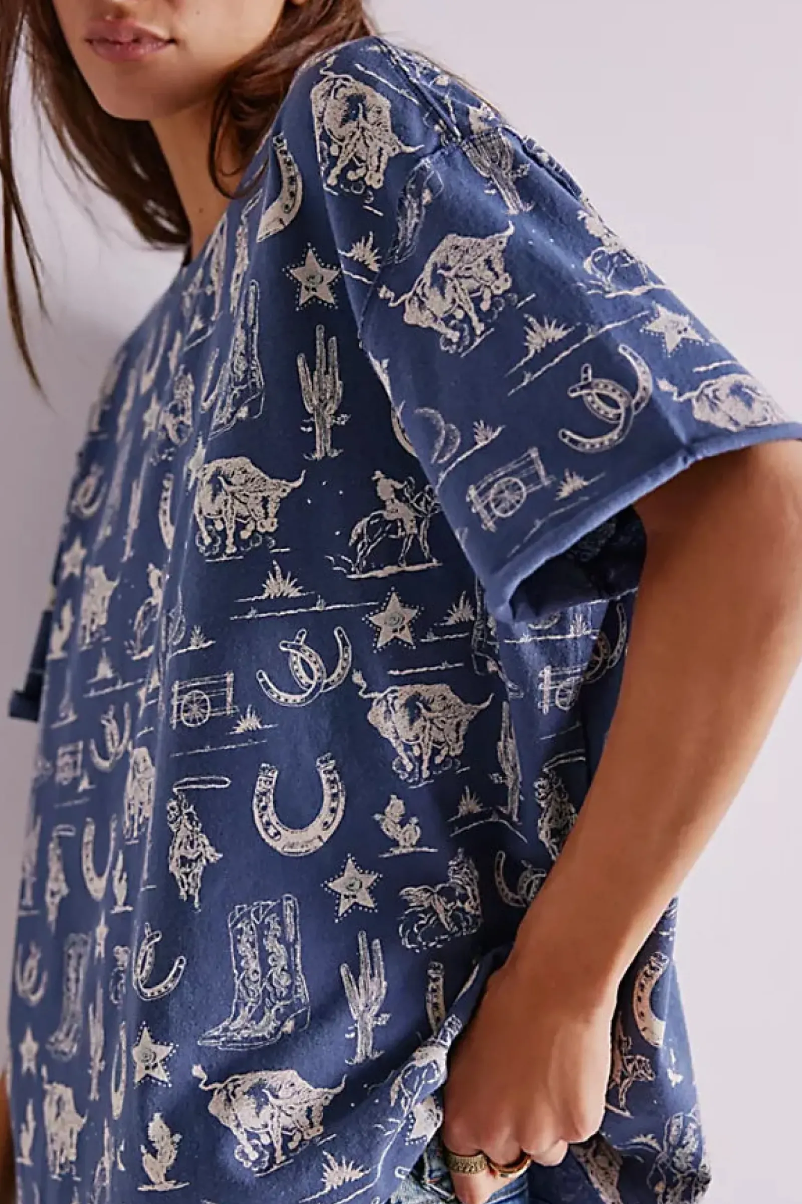 Free People Painted Floral Tee - Navy Combo Discount