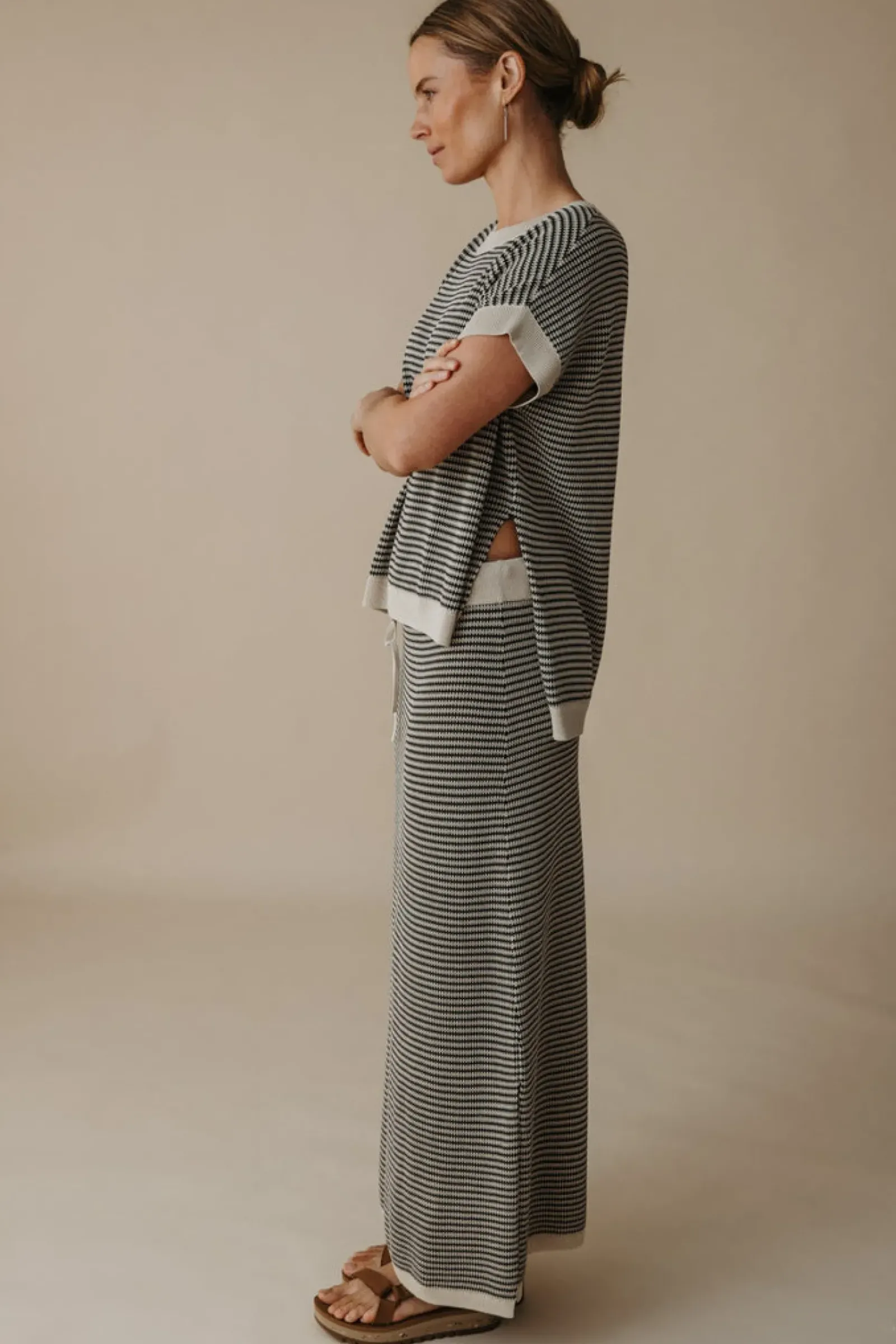 Talamaya Lattice Short Sleeve Pullover - Washed Black & Soft Gold Clearance