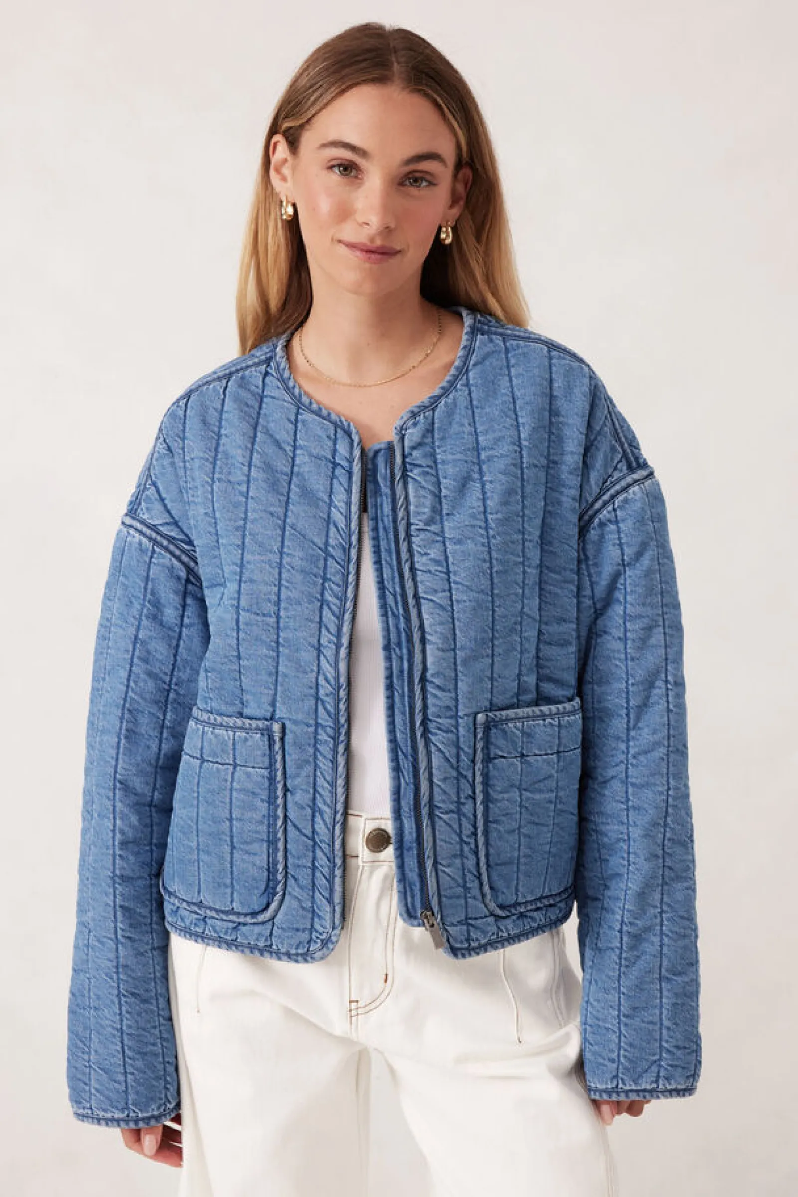 Ceres Life Comfy Quilted Boxy Jacket - Worn Blue Outlet