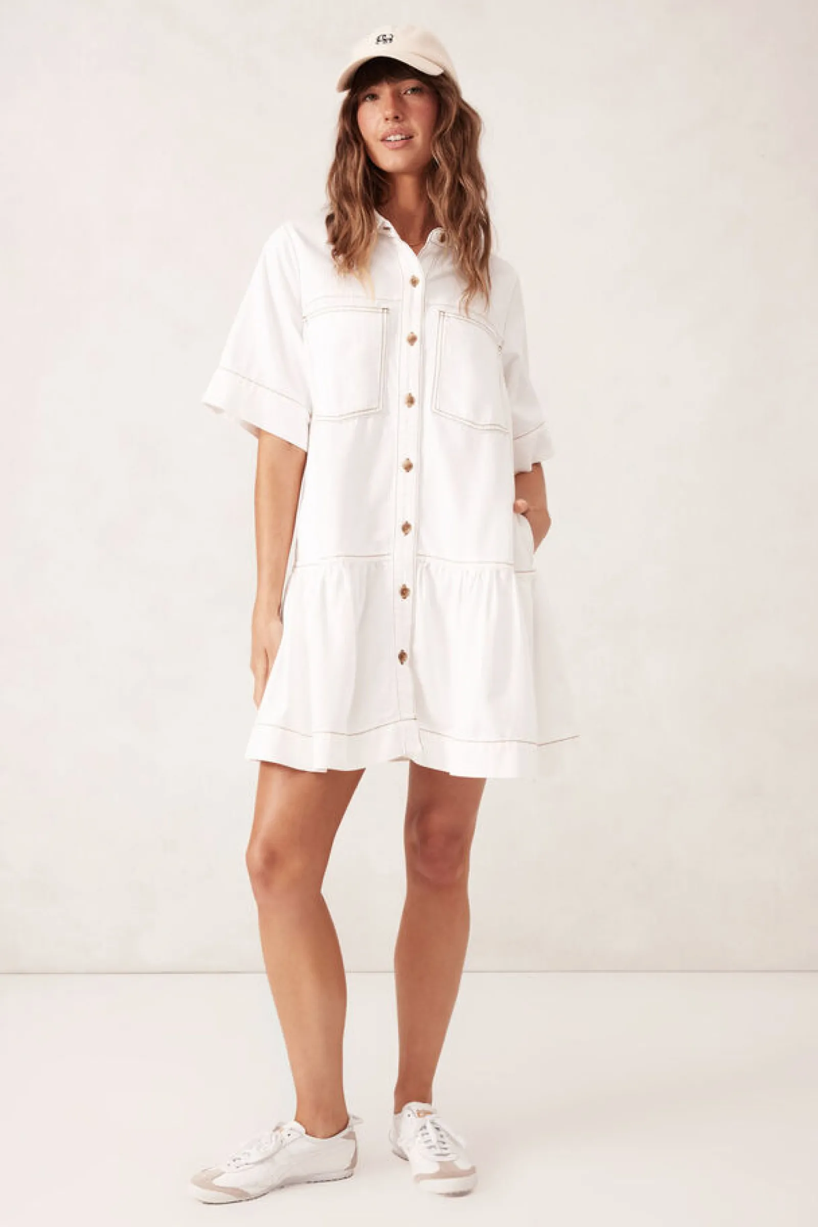 Ceres Life Short Sleeve Tiered Pocket Shirt Dress - Fresh Ecru Discount