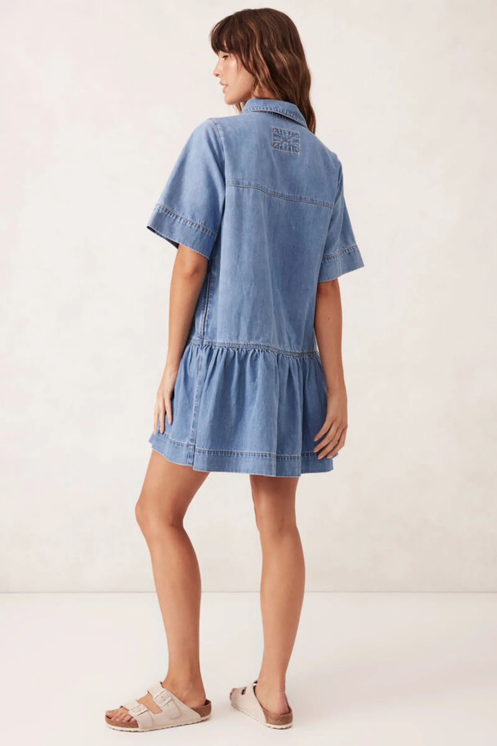 Ceres Life Short Sleeve Tiered Pocket Shirt Dress  - Vintage Blue New