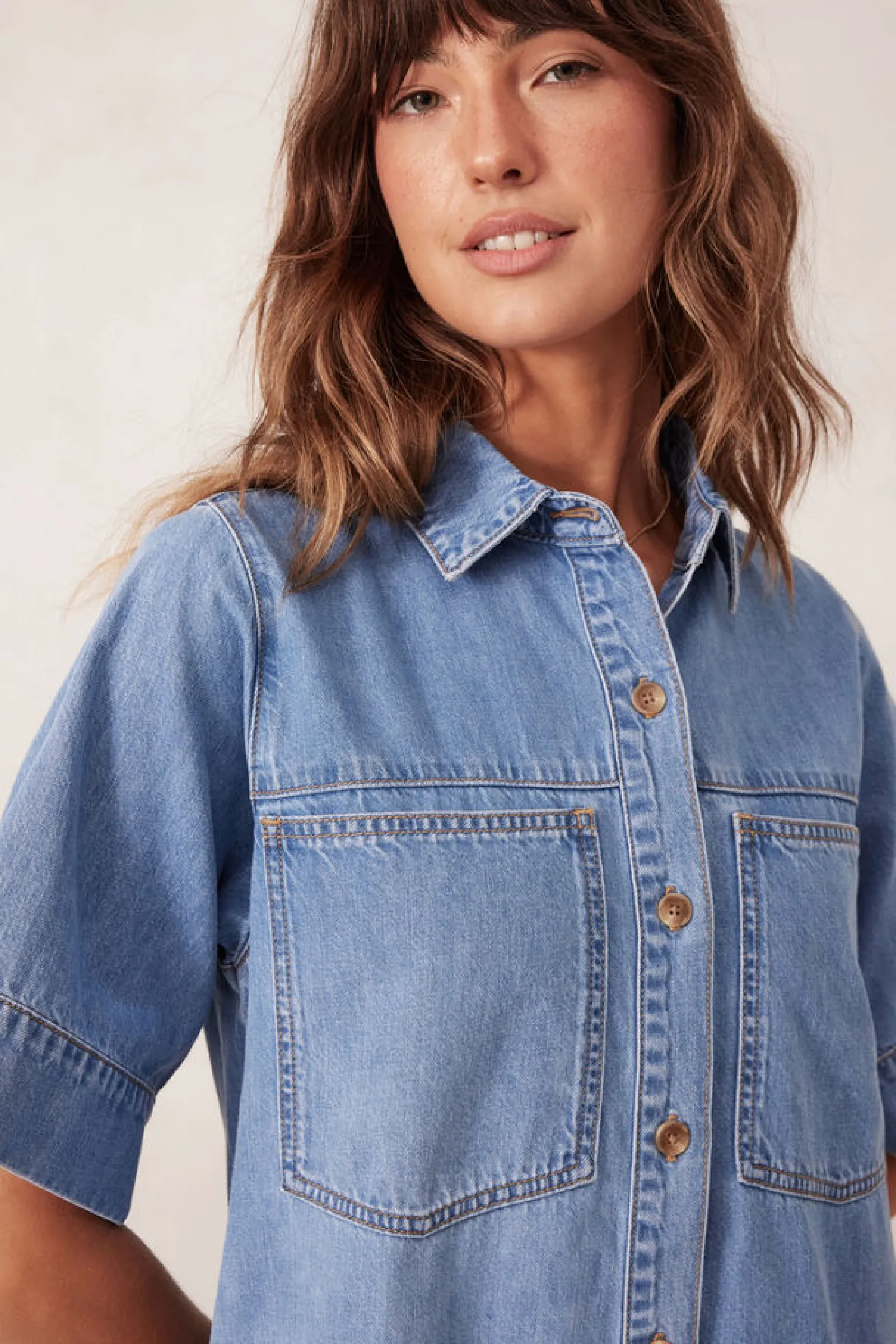 Ceres Life Short Sleeve Tiered Pocket Shirt Dress  - Vintage Blue New