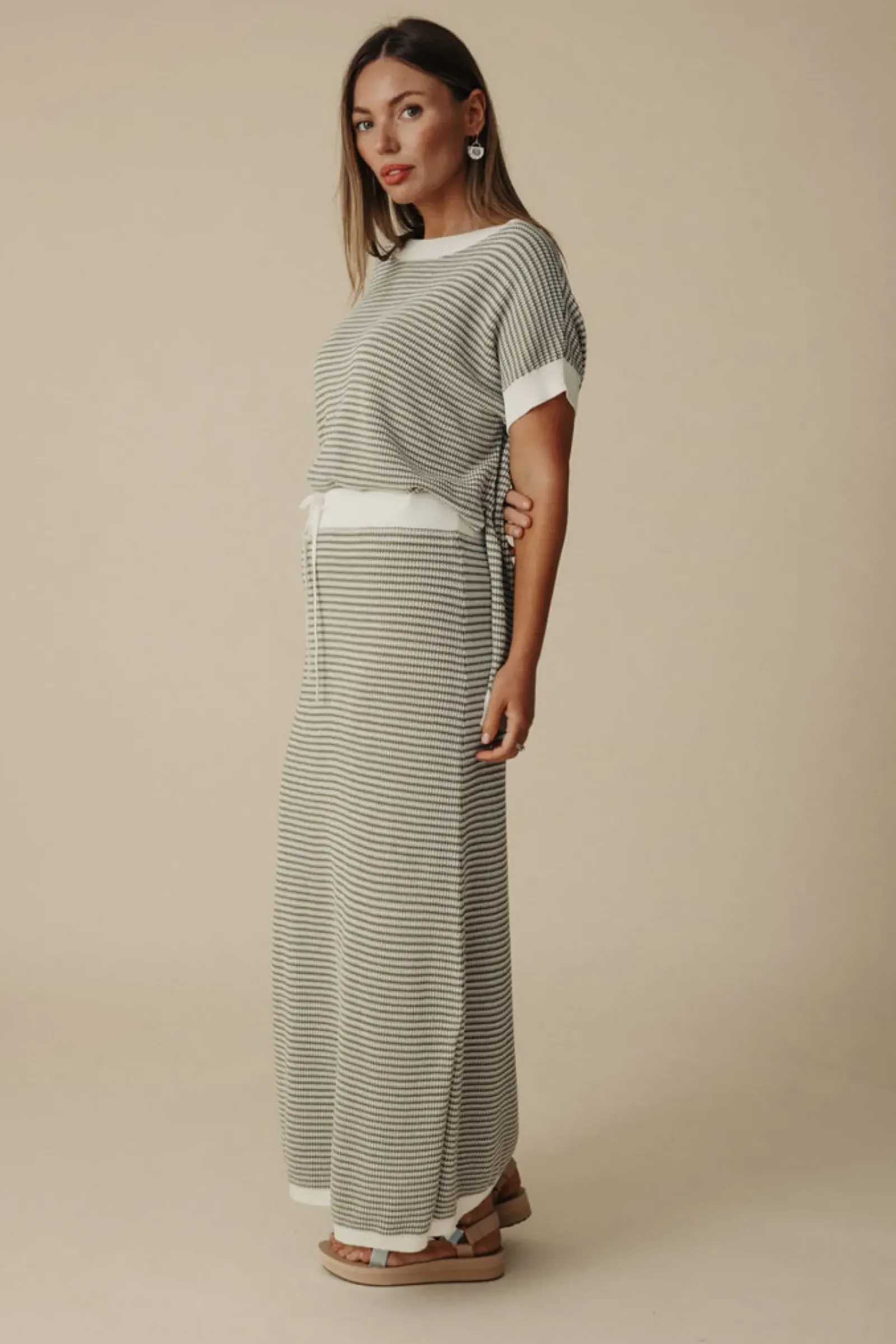 Talamaya Lattice Short Sleeve Pullover- Dusty Olive & Cream Hot