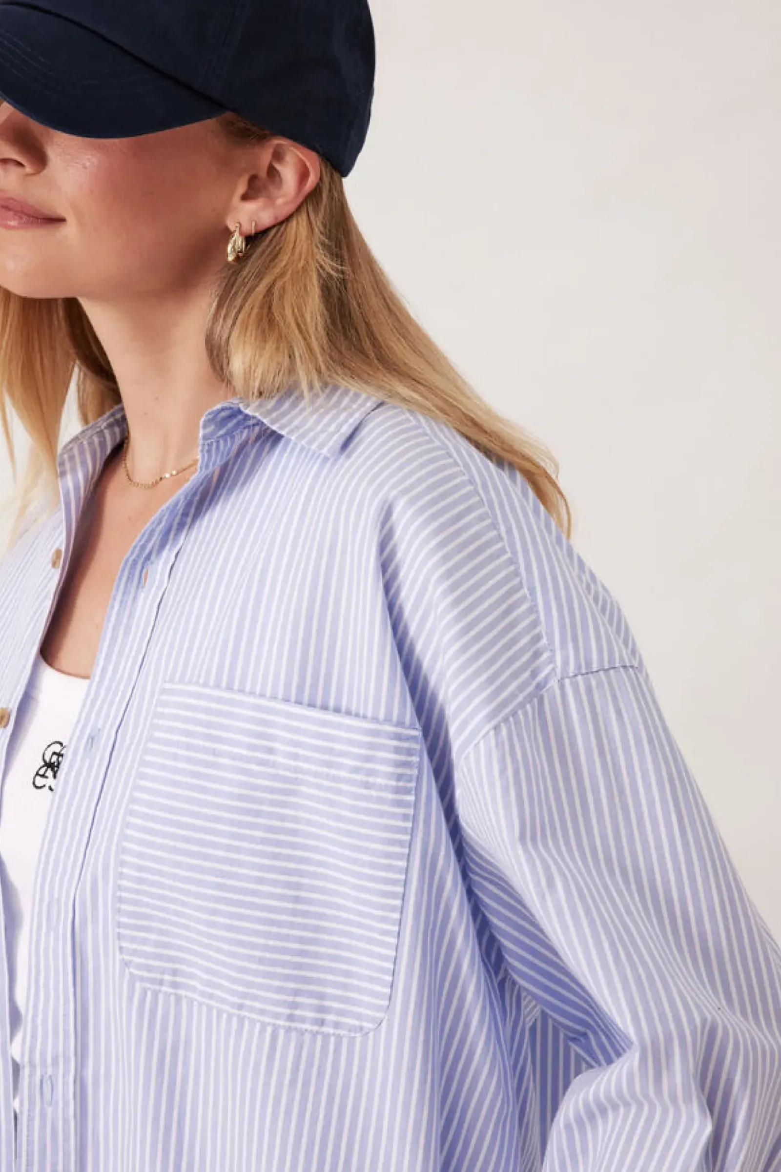 Ceres Life Oversized Poplin Shirt - White Heritage Blue Stripe New
