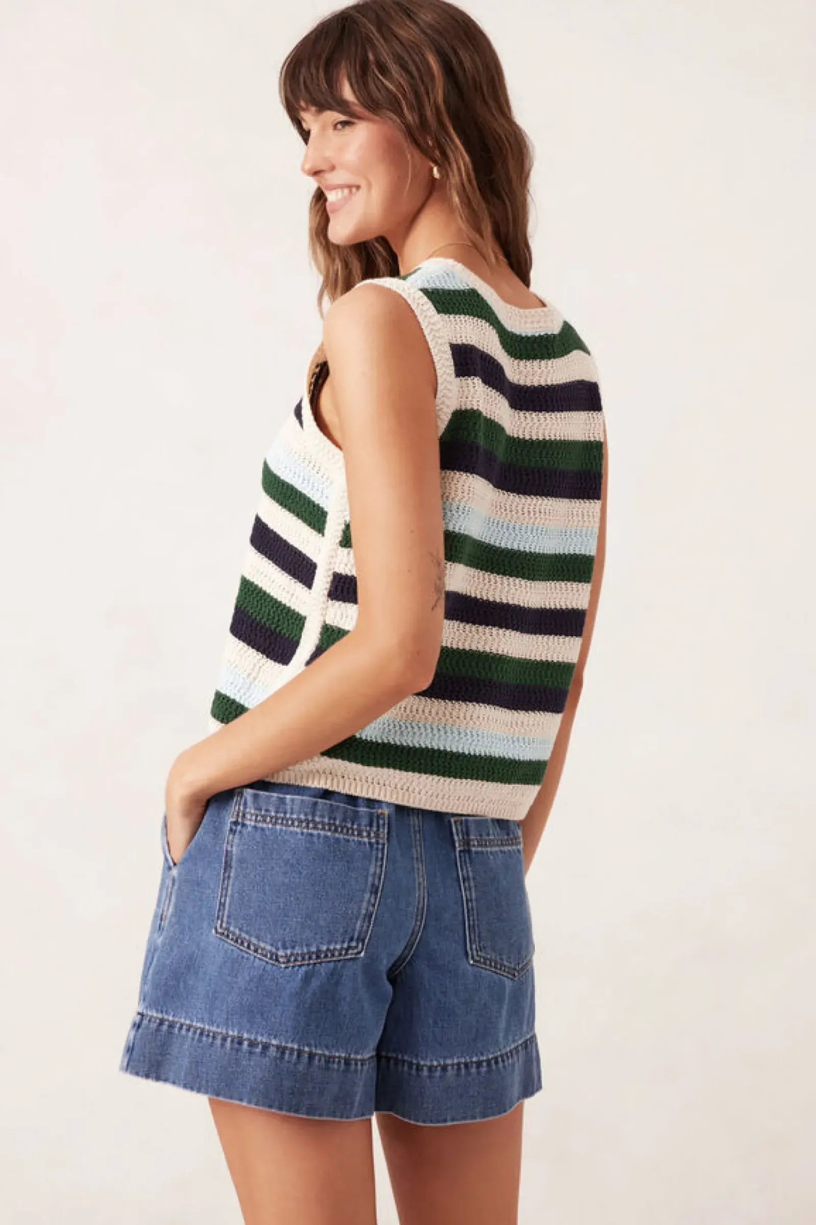 Ceres Life Textured Mulit Stripe Knit Tank - Aqua Pine Navy Stripe Sale