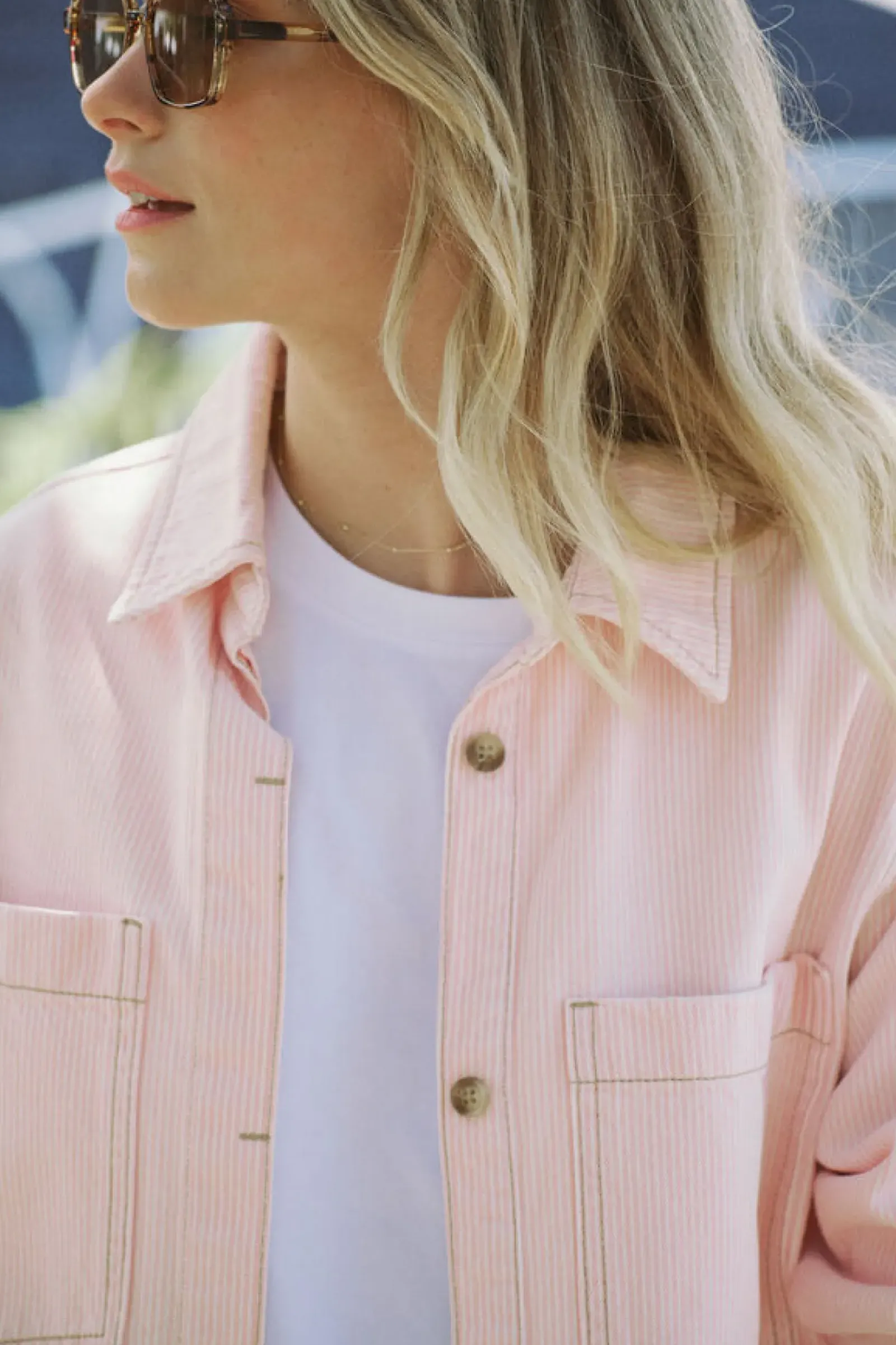 Ceres Life Curved Hem Shacket - Washed Coral Stripe Discount