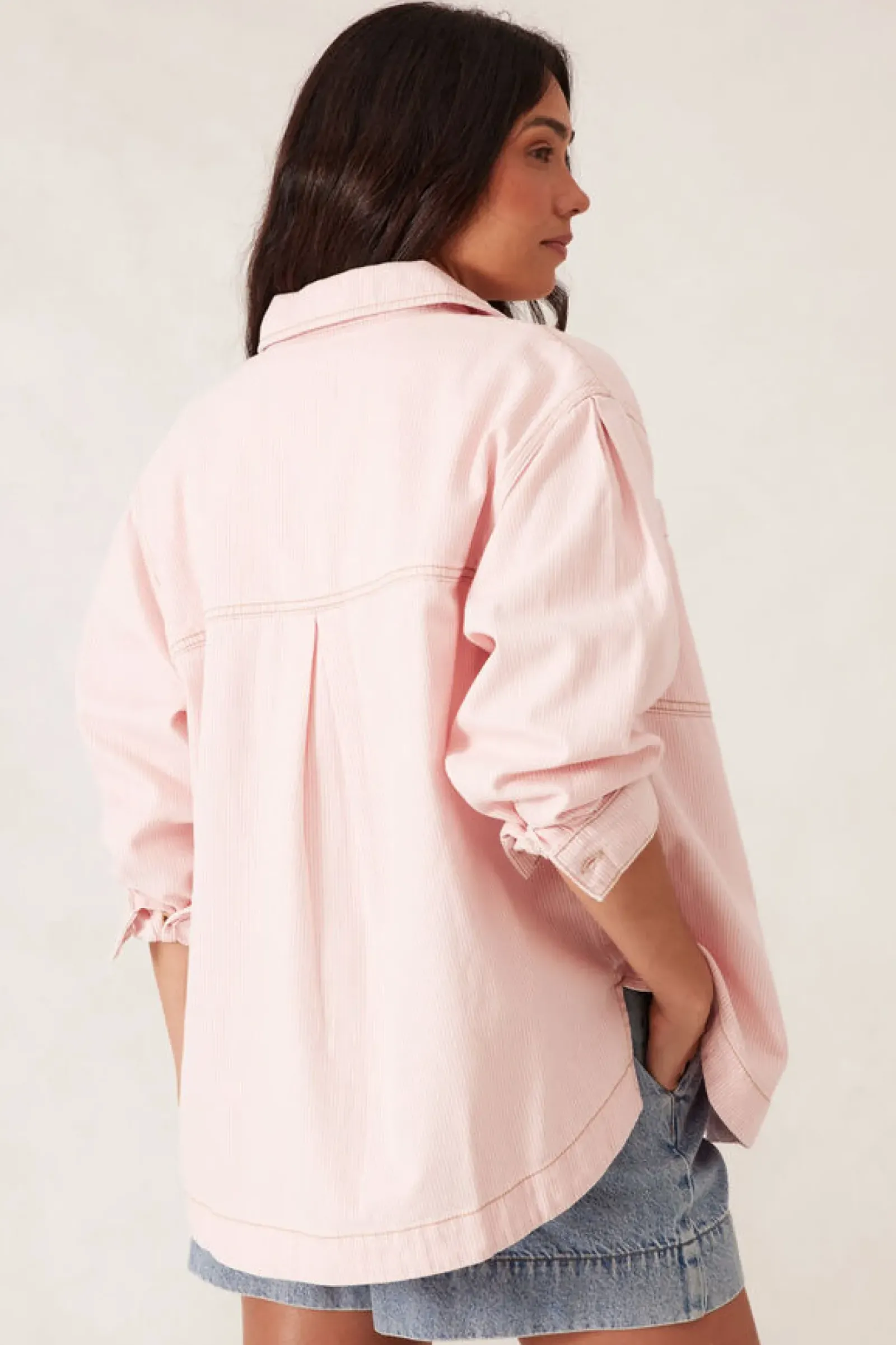 Ceres Life Curved Hem Shacket - Washed Coral Stripe Discount