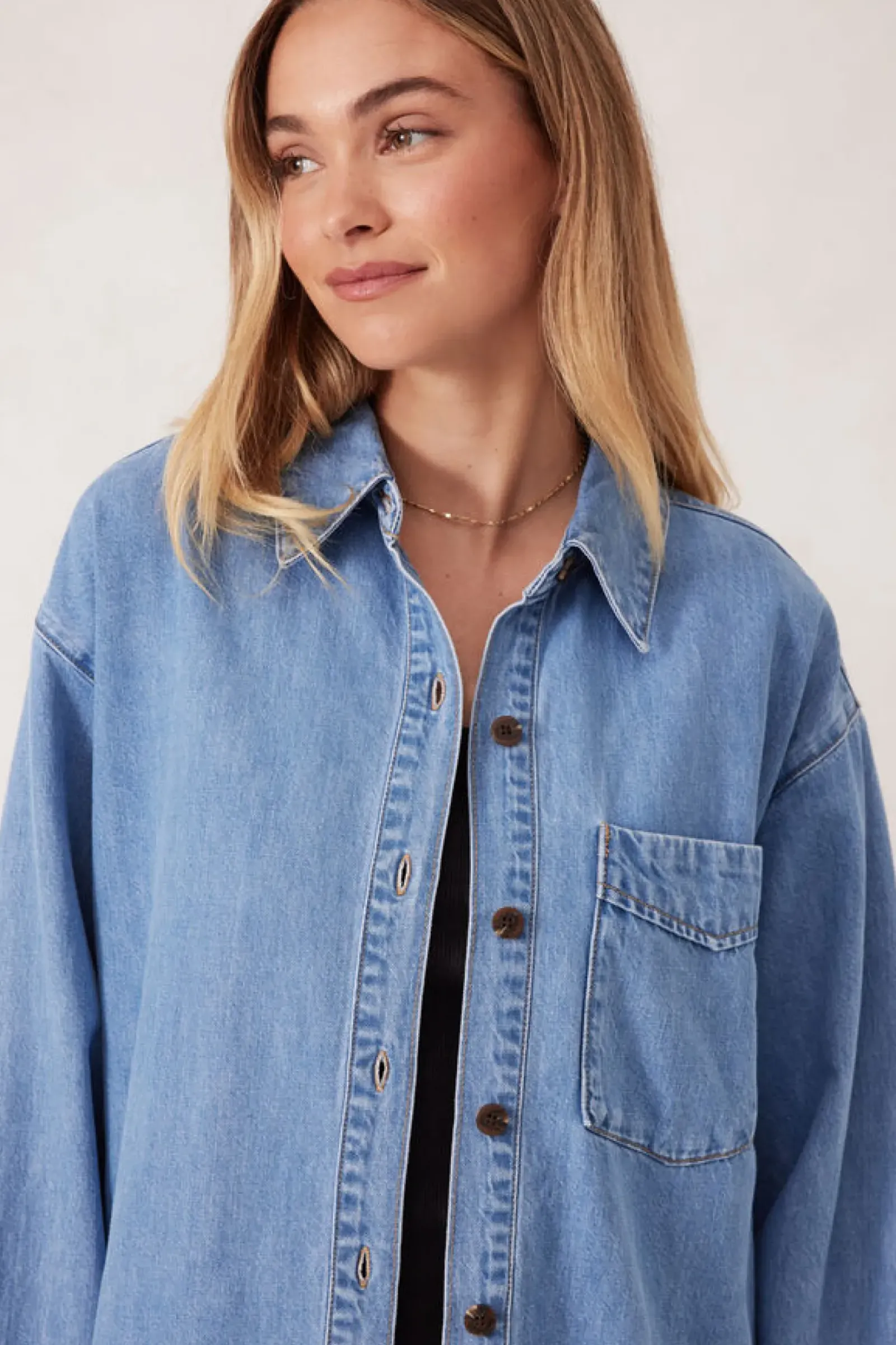 Ceres Life Longline Panelled Denim Shirt - Mid Vintage Blue Hot